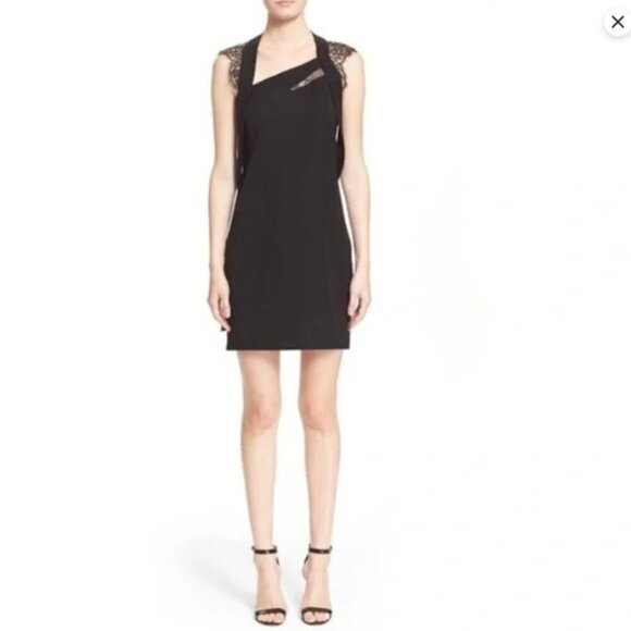 The Kooples Crepe Black Lace Short Cap Sleeve Square Neck Mini Dress Small 4 - Picture 3 of 11